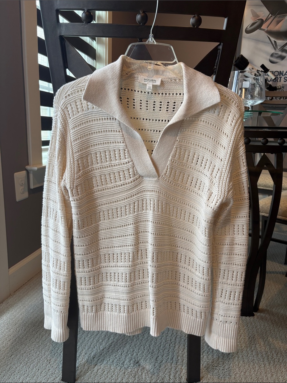 Haven Well Cream Open-Weave V-Neck Collared Sweater